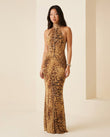 Brown Leopard Print Maxi Open-Back Dress, full-length hero view, by Floravincie