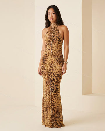 Brown Leopard Print Maxi Open-Back Dress, full-length hero view, by Floravincie