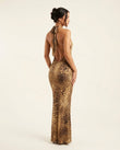 Brown Leopard Print Maxi Open-Back Dress, back studio view showing deep open back with halter neck tie closure, by Floravincie
