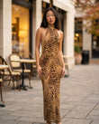 Brown Leopard Print Maxi Open-Back Dress, three-quarter brand lifestyle view, by Floravincie