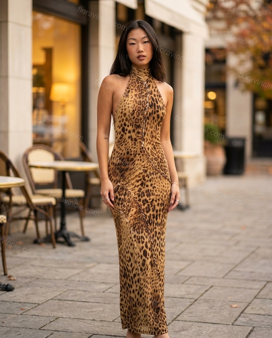 Brown Leopard Print Maxi Open-Back Dress, three-quarter brand lifestyle view, by Floravincie