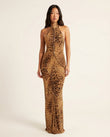Brown Leopard Print Maxi Open-Back Dress, front studio view, by Floravincie