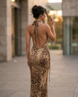 Brown Leopard Print Maxi Open-Back Dress, movement and fit lifestyle view, by Floravincie