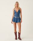 Blue Mini Denim Lace Jumpsuit, front studio view, by Floravincie
