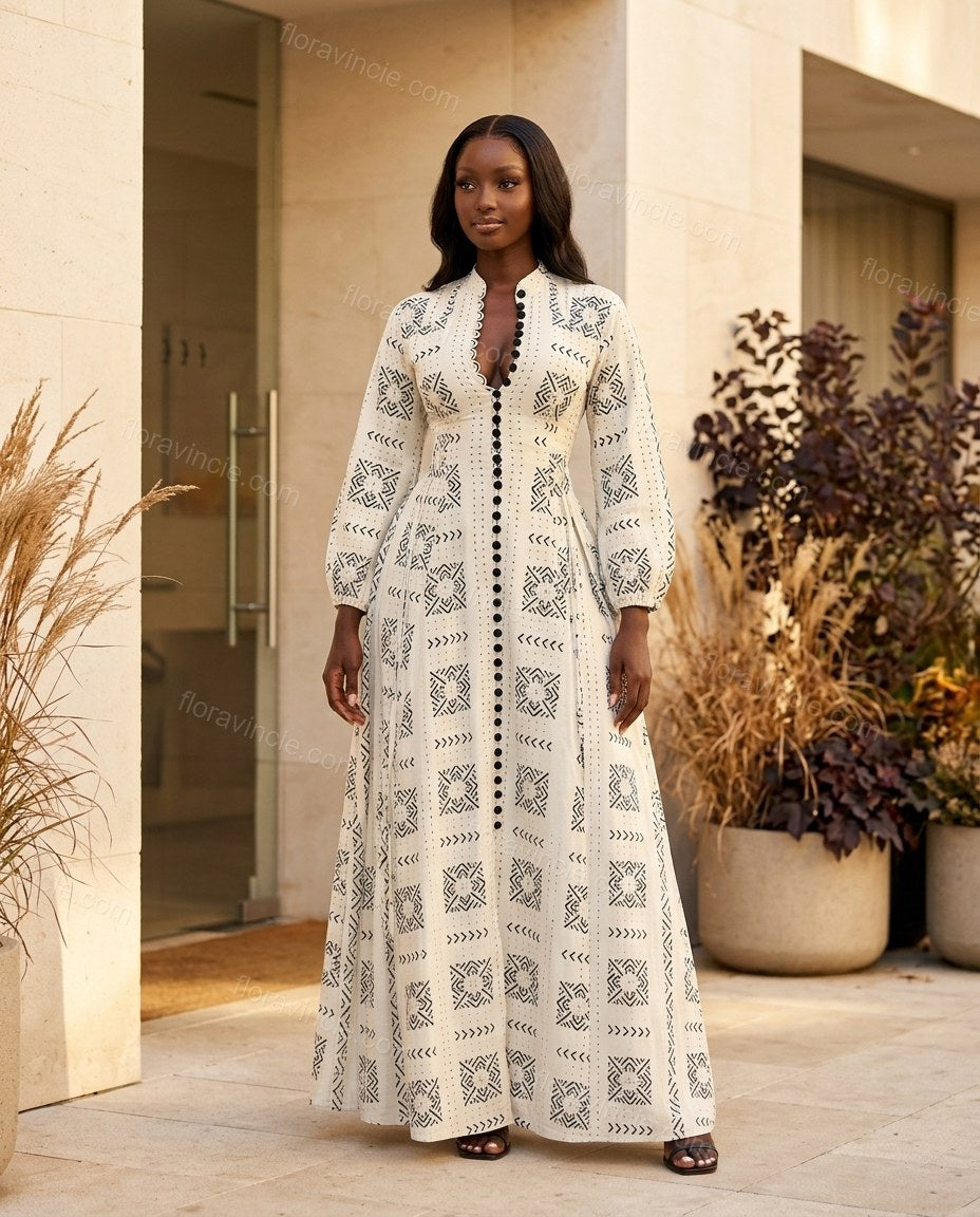 Off-white Geometric Maxi Dress, full-length hero view, by Floravincie