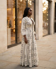 Off-white Geometric Maxi Dress, three-quarter brand lifestyle view, by Floravincie
