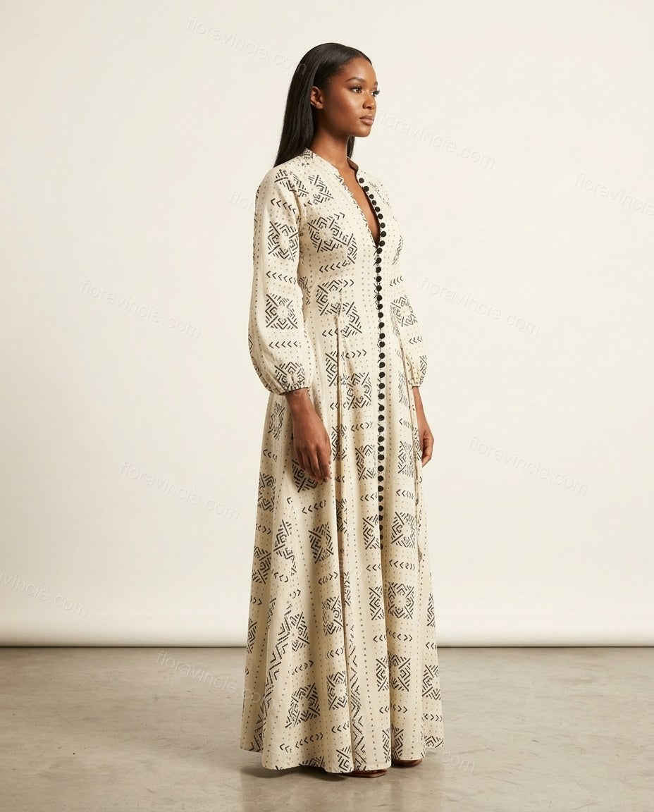 Off-white Geometric Maxi Dress, side and back studio view, by Floravincie