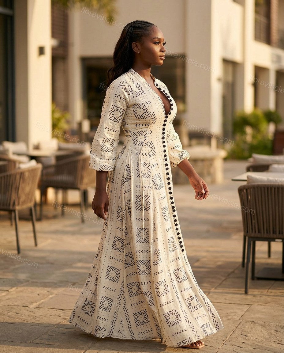 Off-white Geometric Maxi Dress, walking lifestyle view, by Floravincie