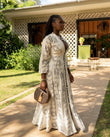 Off-white Geometric Maxi Dress, movement and fit lifestyle view, by Floravincie