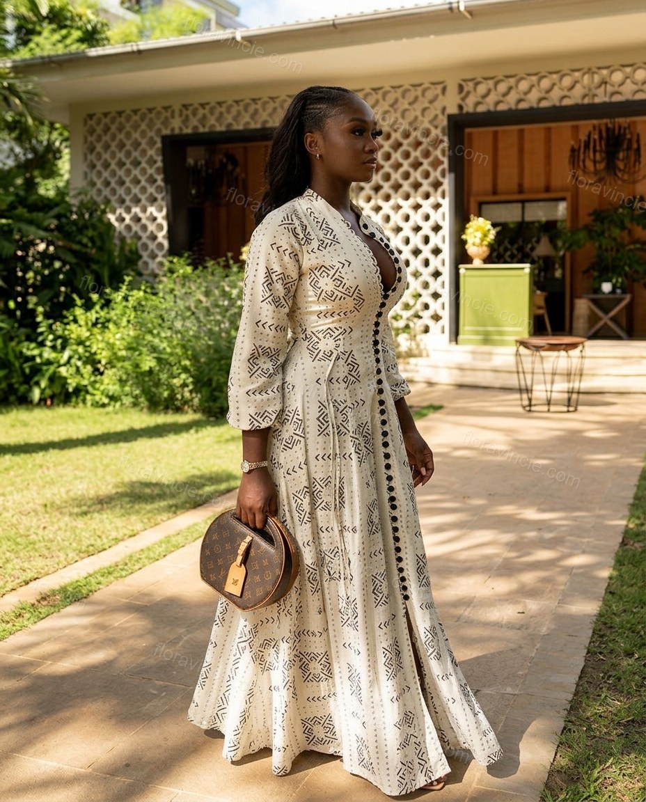Off-white Geometric Maxi Dress, movement and fit lifestyle view, by Floravincie