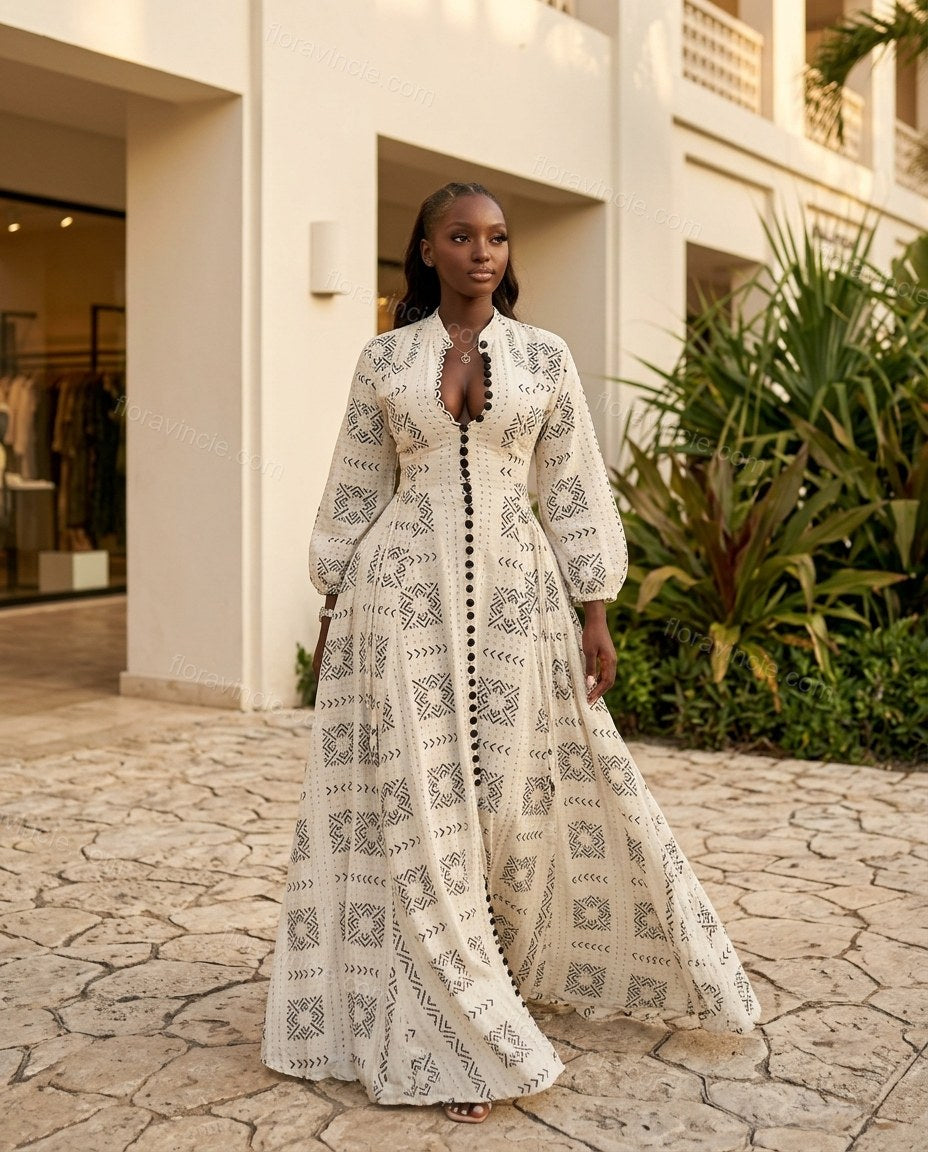 Off-white Geometric Maxi Dress, alternate use-case lifestyle view, by Floravincie