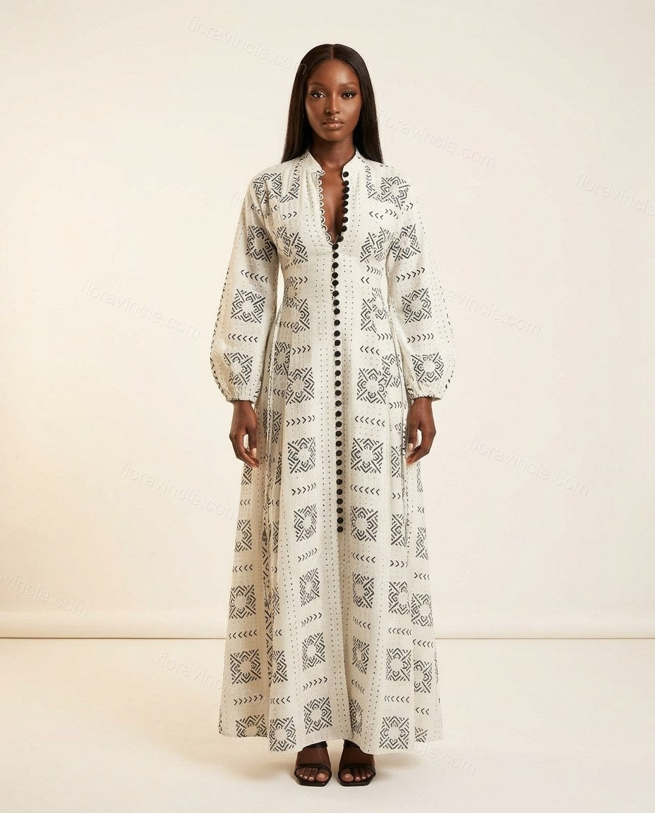Off-white Geometric Maxi Dress, front studio view, by Floravincie