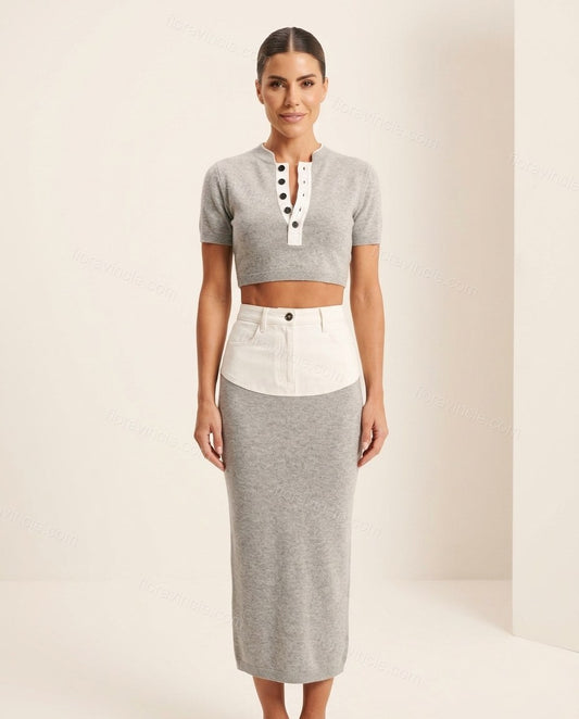 Gray Cropped Knit Shirt & Skirt Set, front studio view, by Floravincie