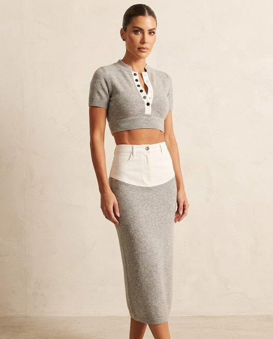 Gray Cropped Knit Shirt & Skirt Set, full-length hero view, by Floravincie