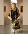 Black Abstract Maxi Fringe Dress, movement and fit lifestyle view, by Floravincie