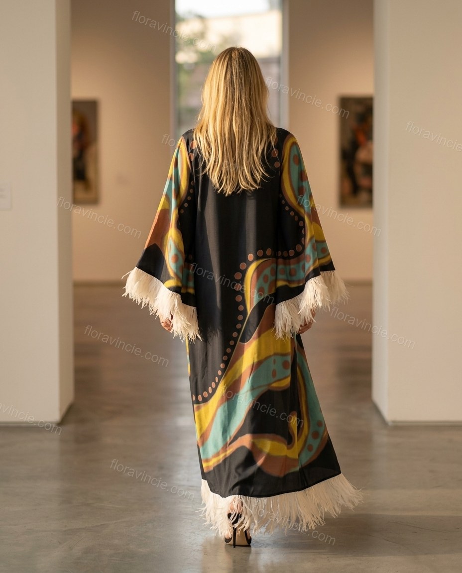 Black Abstract Maxi Fringe Dress, movement and fit lifestyle view, by Floravincie