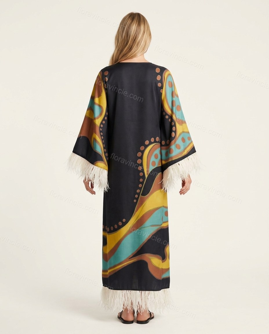 Black Abstract Maxi Fringe Dress, back studio view showing no visible back detail, by Floravincie
