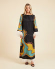 Black Abstract Maxi Fringe Dress, full-length hero view, by Floravincie