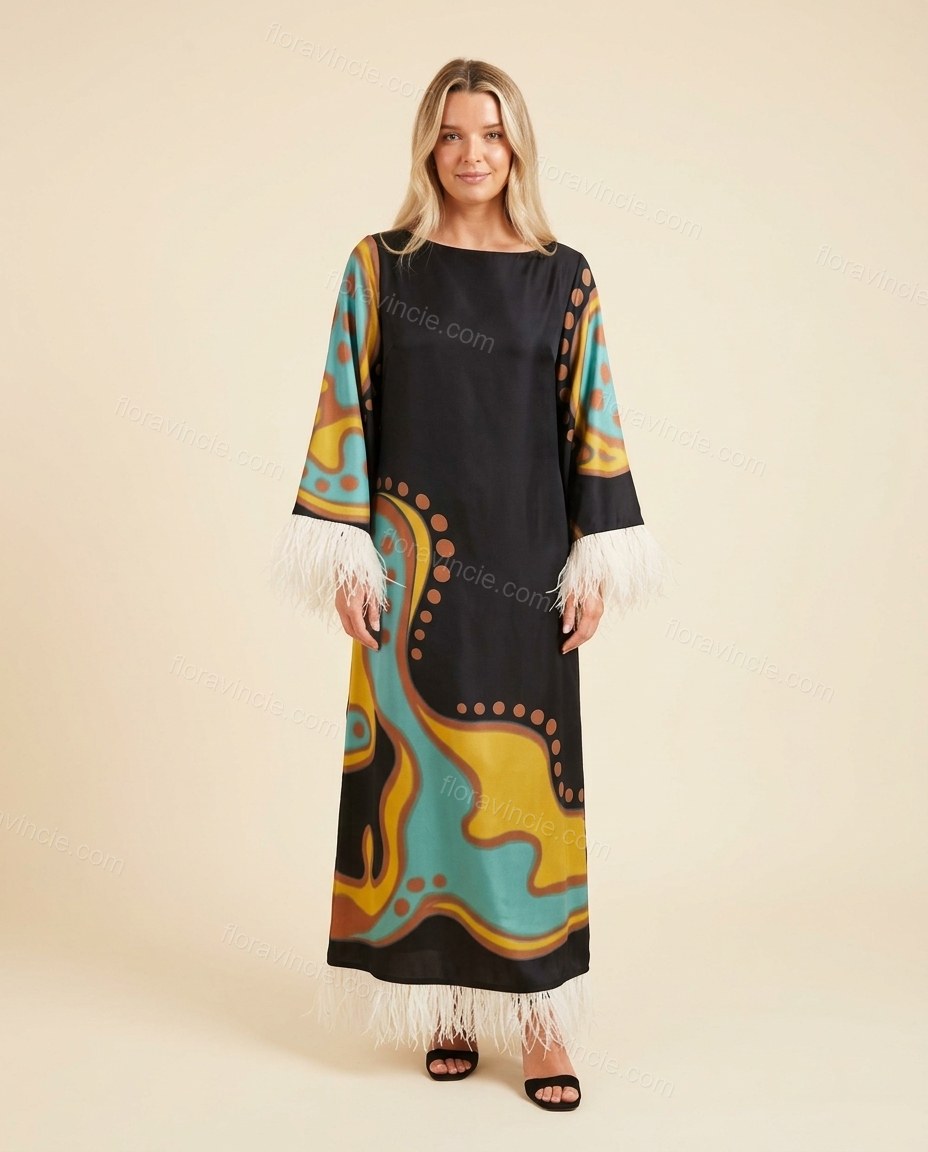 Black Abstract Maxi Fringe Dress, full-length hero view, by Floravincie