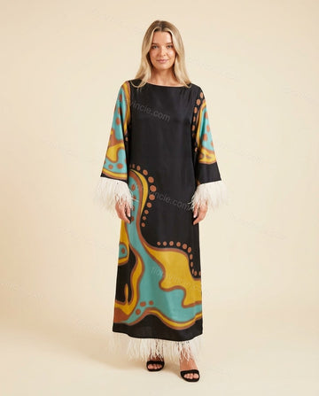 Black Abstract Maxi Fringe Dress, full-length hero view, by Floravincie