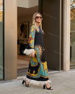 Black Abstract Maxi Fringe Dress, walking lifestyle view, by Floravincie