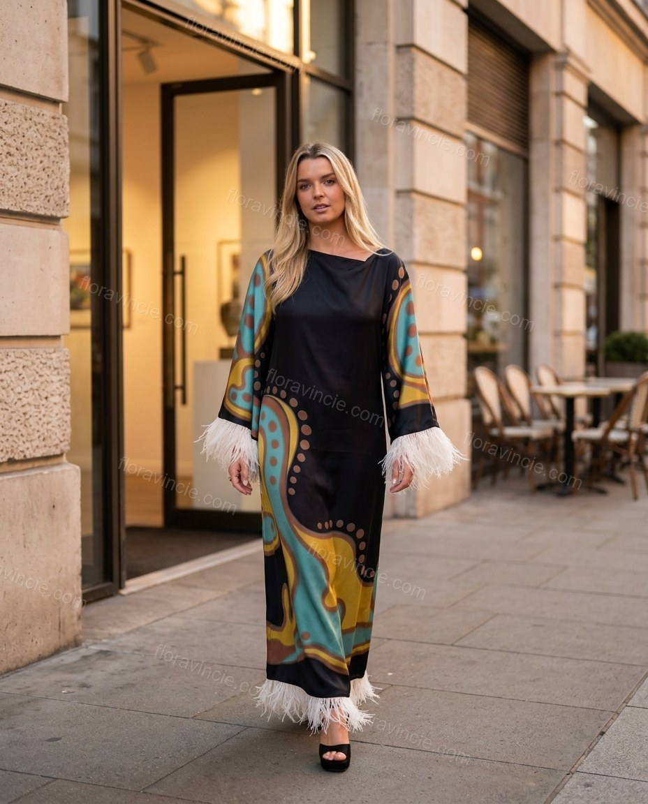 Black Abstract Maxi Fringe Dress, three-quarter brand lifestyle view, by Floravincie