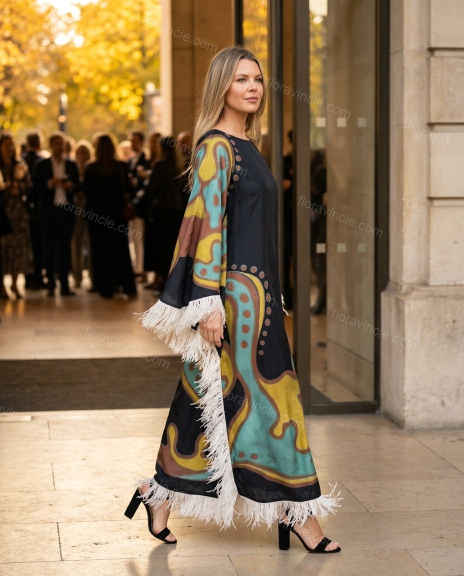 Black Abstract Maxi Fringe Dress, alternate use-case lifestyle view, by Floravincie
