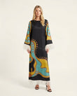 Black Abstract Maxi Fringe Dress, front studio view, by Floravincie