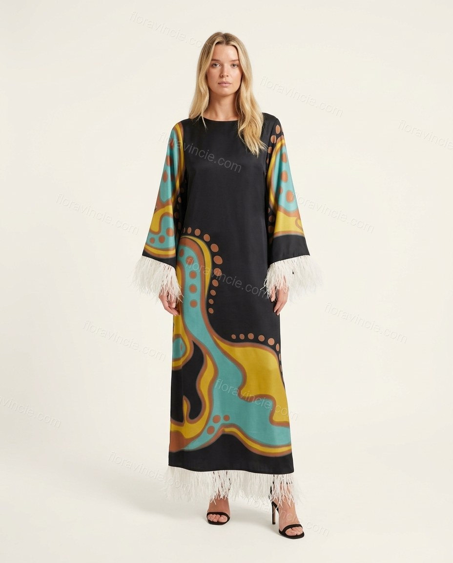 Black Abstract Maxi Fringe Dress, front studio view, by Floravincie