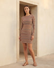 Beige Striped Mini Knit Dress, full-length hero view, by Floravincie