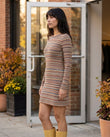 Beige Striped Mini Knit Dress, walking lifestyle view, by Floravincie