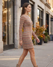 Beige Striped Mini Knit Dress, movement and fit lifestyle view, by Floravincie