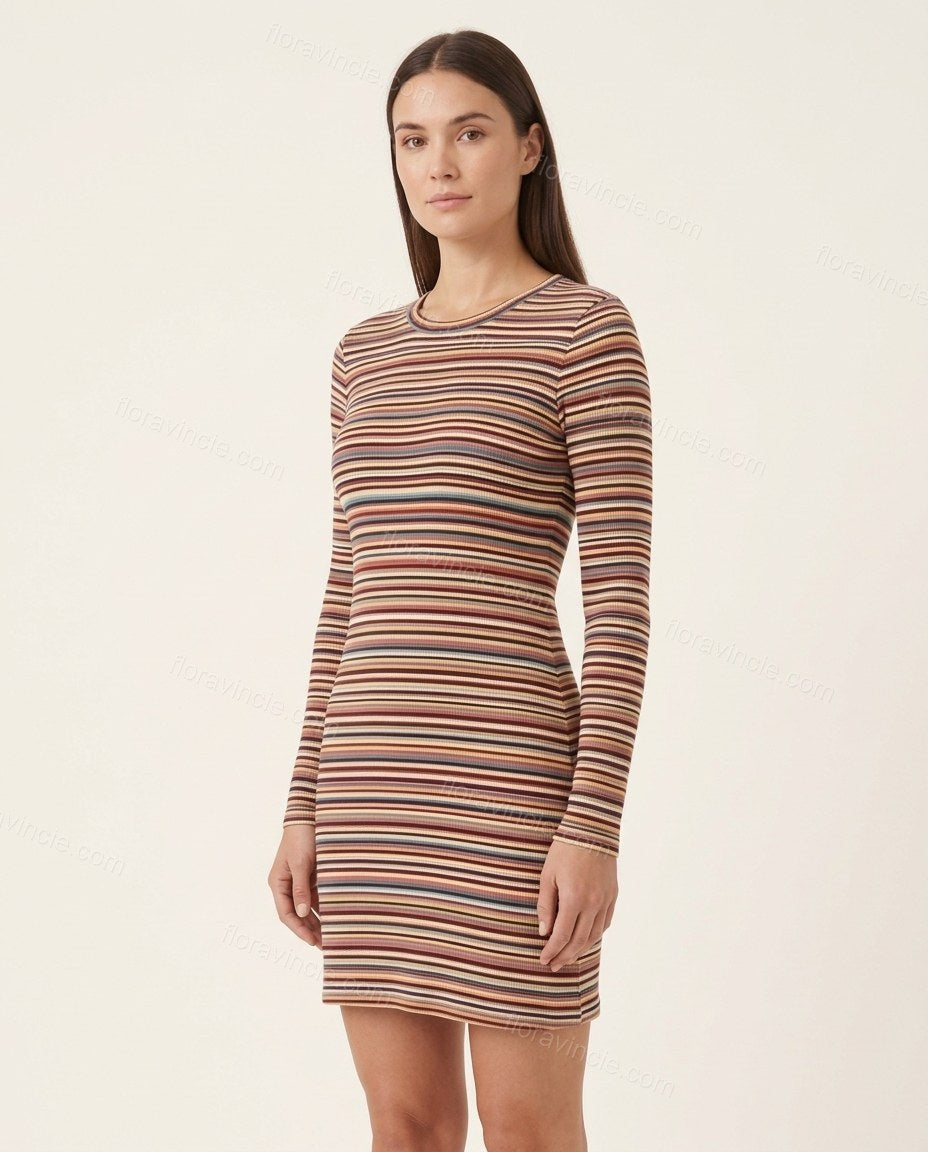 Beige Striped Mini Knit Dress, front studio view, by Floravincie