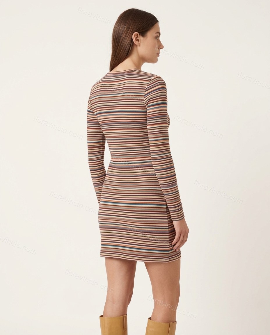 Beige Striped Mini Knit Dress, back studio view, by Floravincie