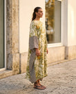 Green Floral Maxi Dress, walking lifestyle view, by Floravincie