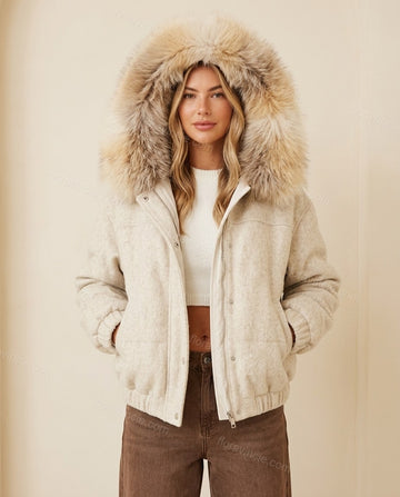 Off-white Faux-Fur Two-Piece Set, full-length hero view, by Floravincie