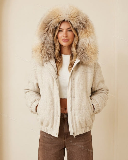 Off-white Faux-Fur Two-Piece Set, full-length hero view, by Floravincie