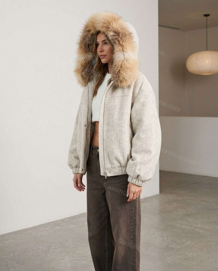 Off-white Faux-Fur Two-Piece Set, side and back studio view, by Floravincie