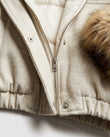 Off-white Faux-Fur Two-Piece Set, close-up of brown and tan accents, hood and front snap closure, by Floravincie