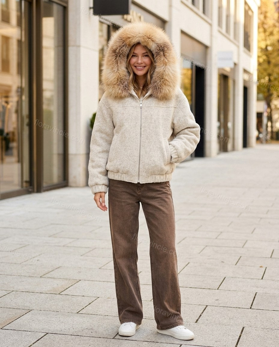 Off-white Faux-Fur Two-Piece Set, three-quarter brand lifestyle view, by Floravincie