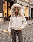Off-white Faux-Fur Two-Piece Set, walking lifestyle view, by Floravincie