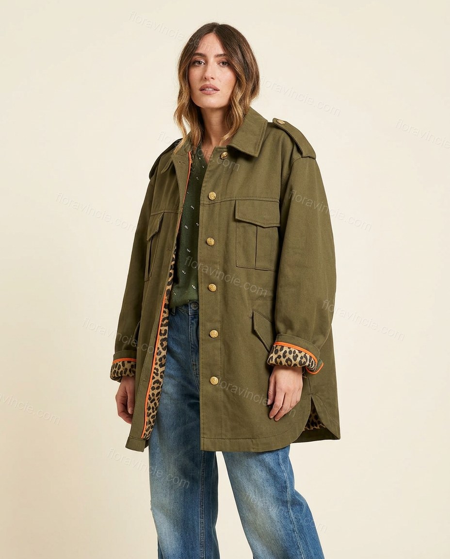 Olive Green Polished Leopard Print Jacket by Floravincie