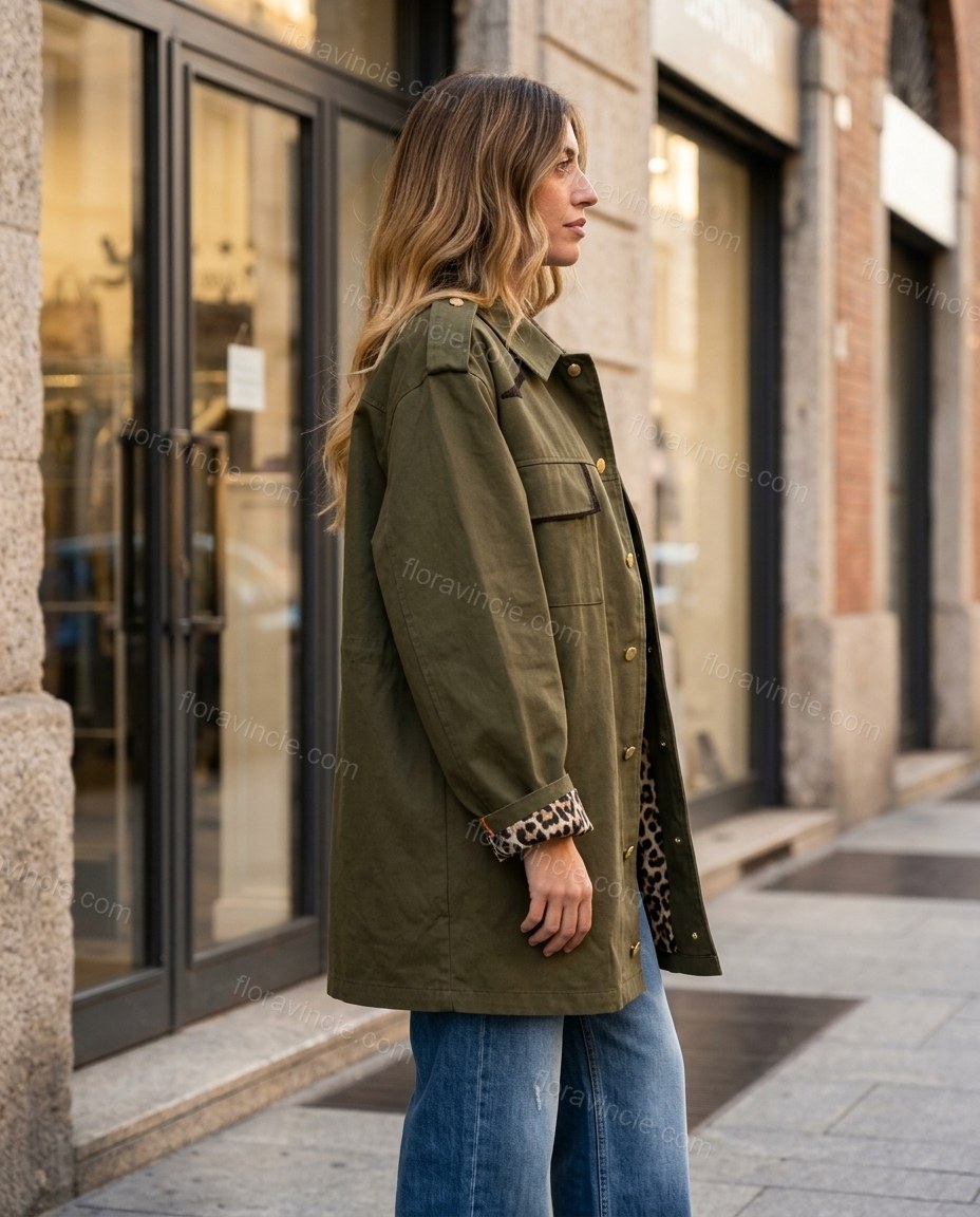 Olive Green Polished Leopard Print Jacket by Floravincie