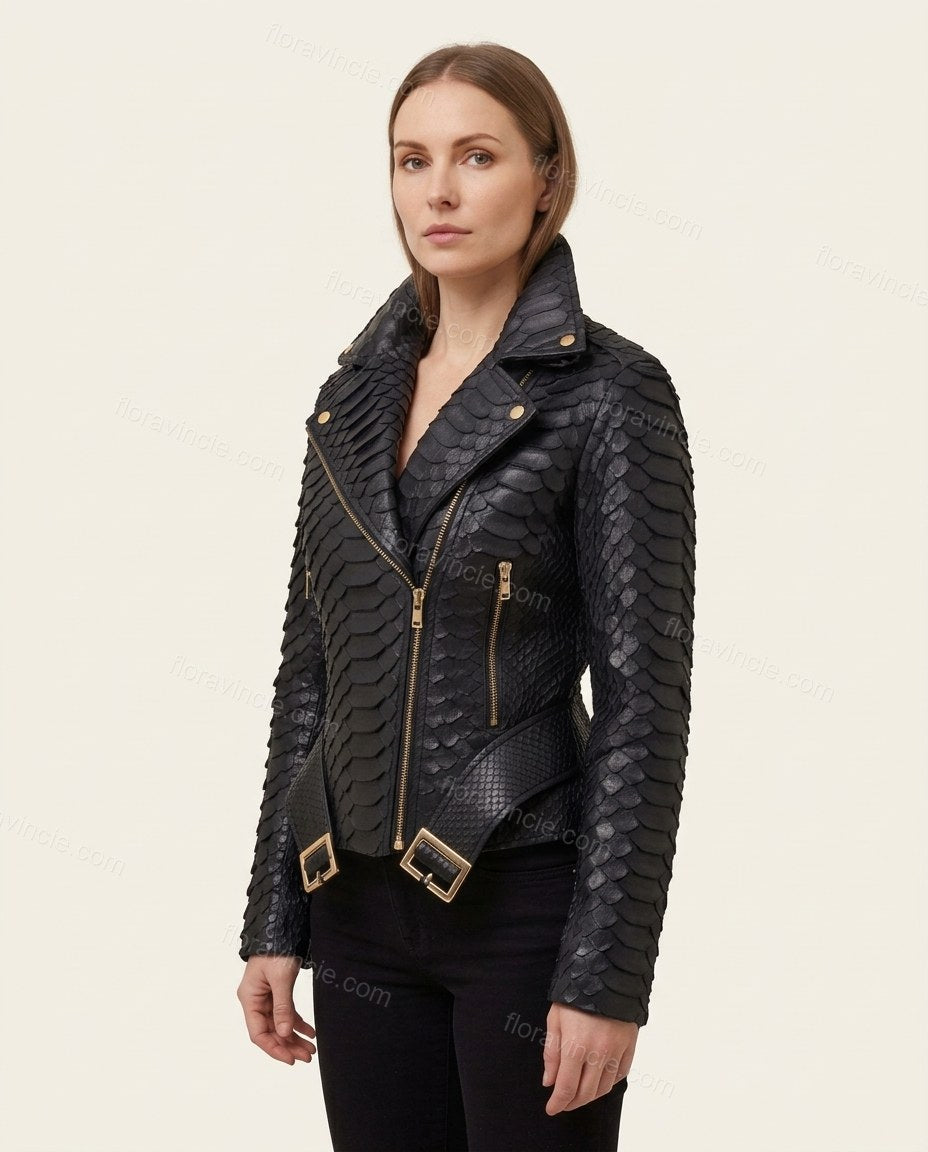 Black Animal Print Asymmetric Jacket, side and back studio view showing unclear, not visible, by Floravincie