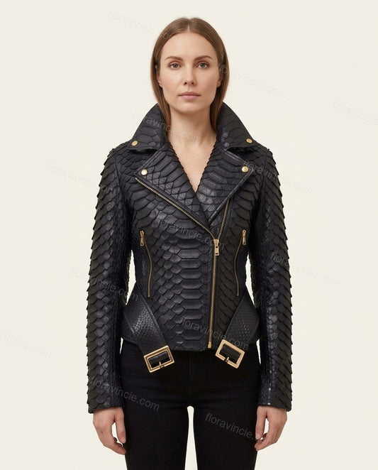 Black Animal Print Asymmetric Jacket, front studio view, by Floravincie