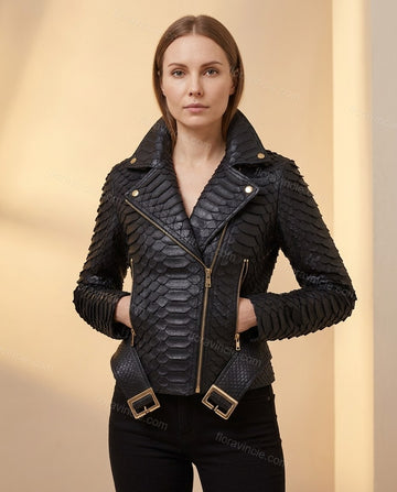 Black Animal Print Asymmetric Jacket, full-length hero view, by Floravincie