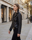 Black Animal Print Asymmetric Jacket, walking lifestyle view, by Floravincie