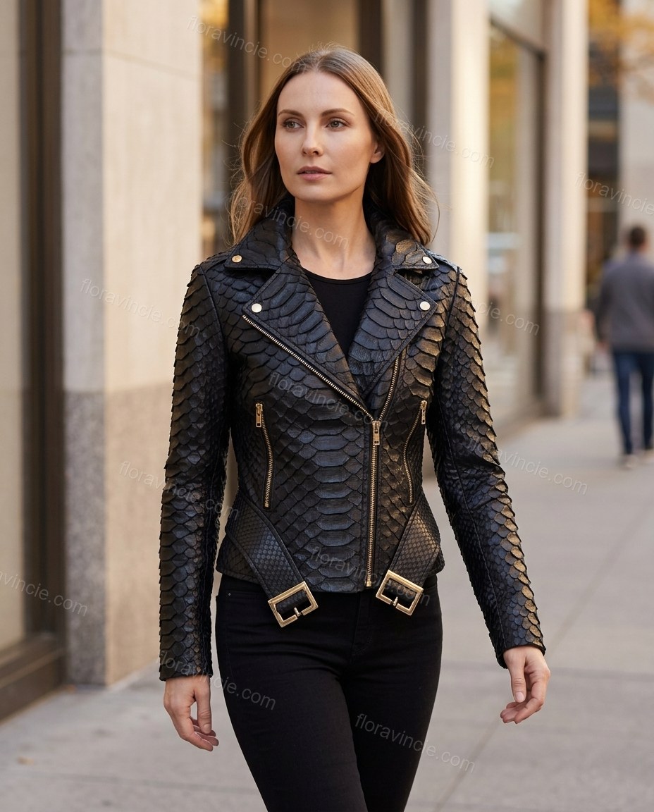 Black Animal Print Asymmetric Jacket, movement and fit lifestyle view, by Floravincie