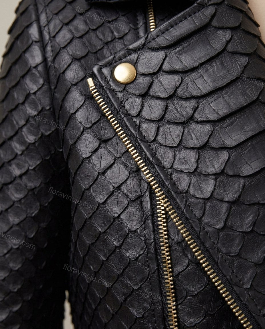 Black Animal Print Asymmetric Jacket, close-up of animal print, by Floravincie