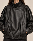 Black Asymmetric Jacket, close-up of asymmetrical zip closure, notched lapels and snap button details, by Floravincie